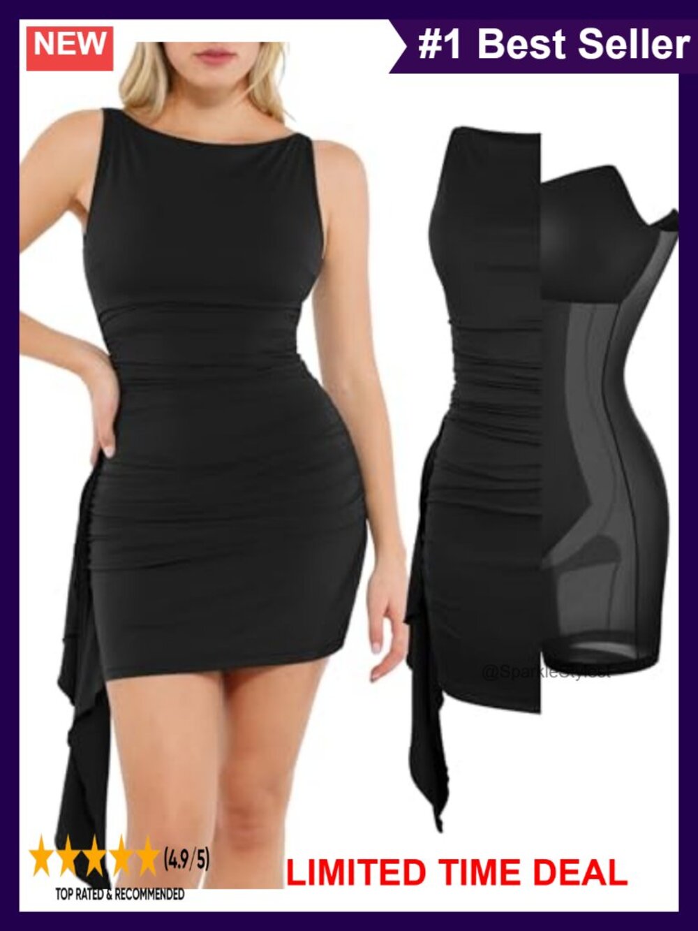 Cocktail Mini Dress Built-In Shapewear Bodysuit Ruched Waist